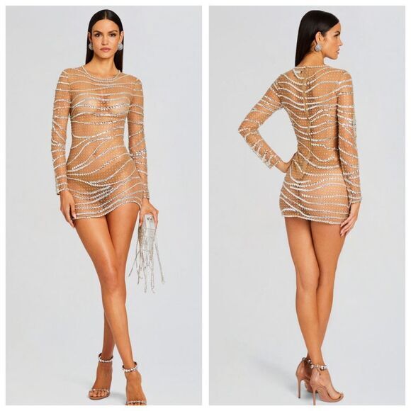 Retrofete Dresses & Skirts - Retrofete Raes Sheer Embellished Long Sleeve Size Small